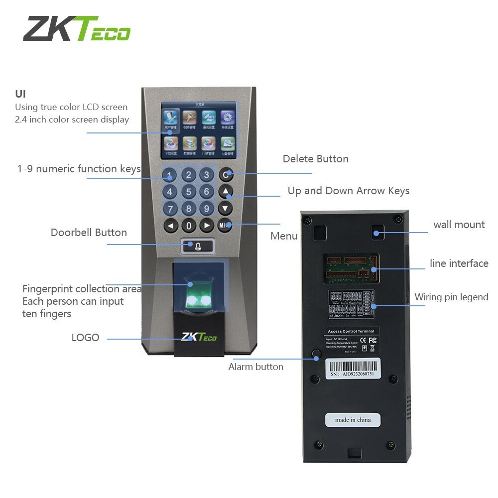 Zkteco F18 Biometric reader - Front View